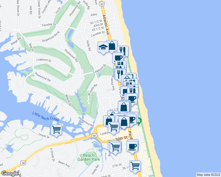 map of restaurants, bars, coffee shops, grocery stores, and more near 336 Sea Pines Court in Virginia Beach
