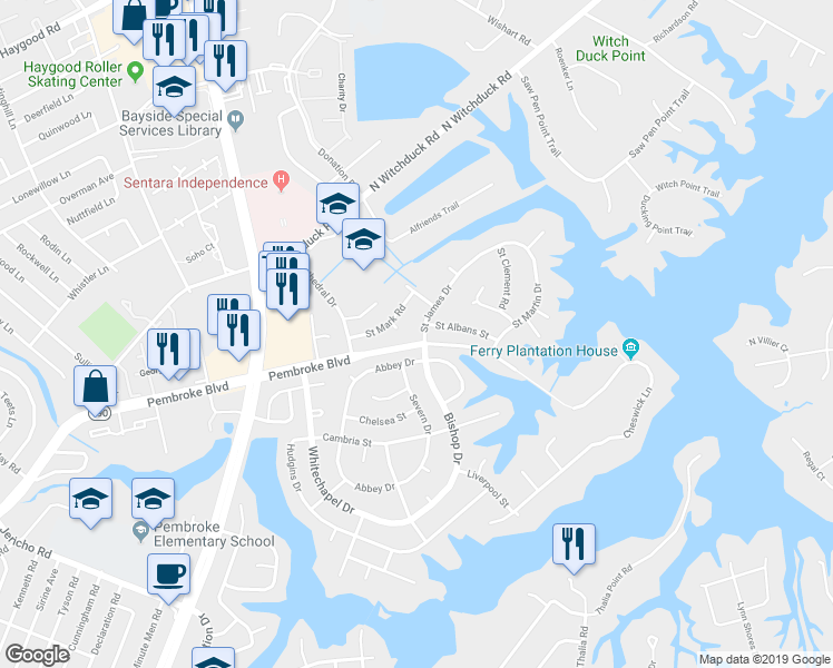 map of restaurants, bars, coffee shops, grocery stores, and more near 801 Saint James Drive in Virginia Beach