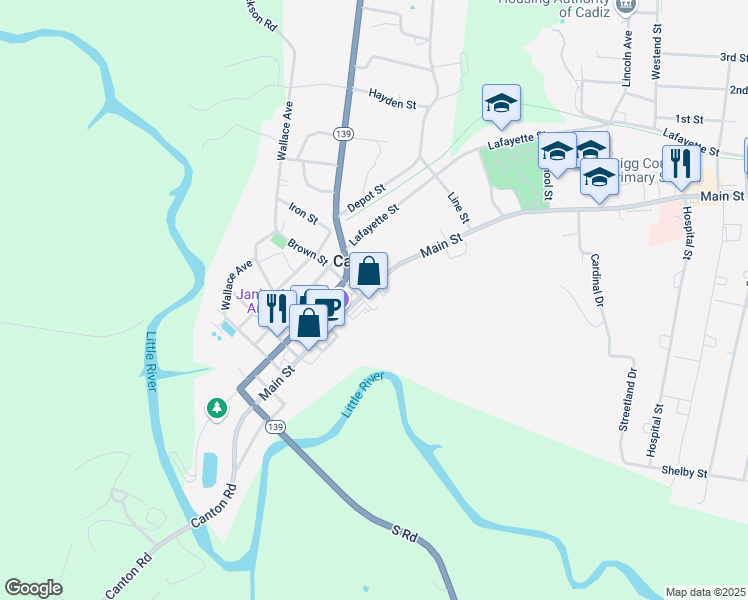 map of restaurants, bars, coffee shops, grocery stores, and more near 82 Main Street in Cadiz