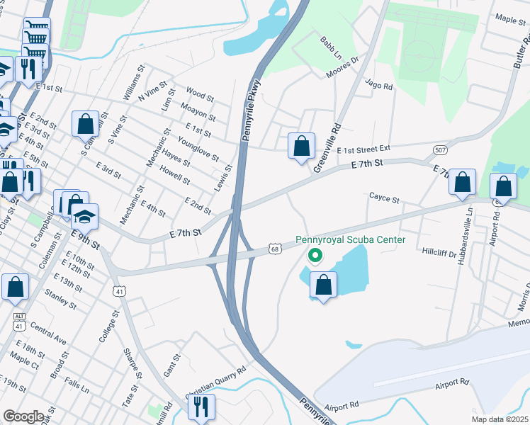 map of restaurants, bars, coffee shops, grocery stores, and more near 1417 East 7th Street in Hopkinsville
