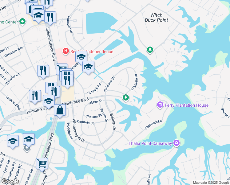 map of restaurants, bars, coffee shops, grocery stores, and more near 4317 Saint Albans Street in Virginia Beach