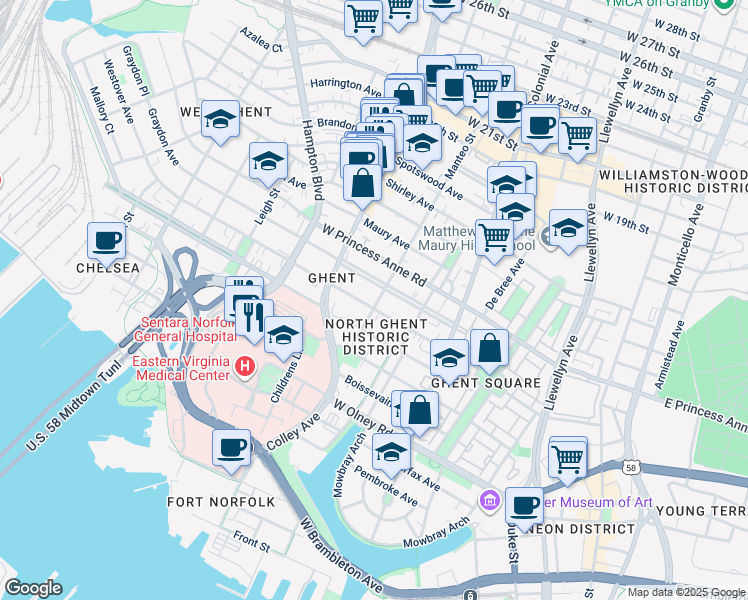 map of restaurants, bars, coffee shops, grocery stores, and more near 702 Westover Avenue in Norfolk