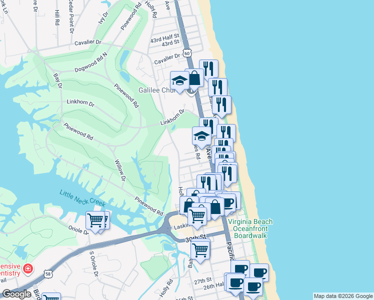 map of restaurants, bars, coffee shops, grocery stores, and more near 336 Sea Pines Court in Virginia Beach
