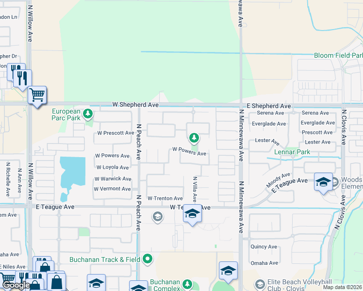 map of restaurants, bars, coffee shops, grocery stores, and more near 259 West Powers Avenue in Clovis