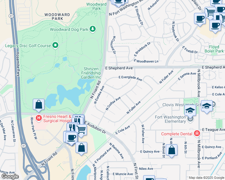 map of restaurants, bars, coffee shops, grocery stores, and more near 299 East Lester Avenue in Fresno