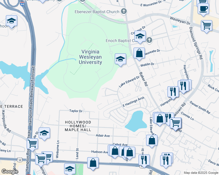 map of restaurants, bars, coffee shops, grocery stores, and more near 709 Barrison Way in Virginia Beach