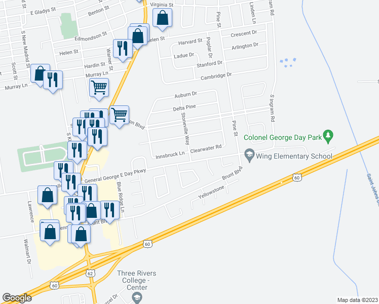 map of restaurants, bars, coffee shops, grocery stores, and more near Clearwater Rd in Sikeston