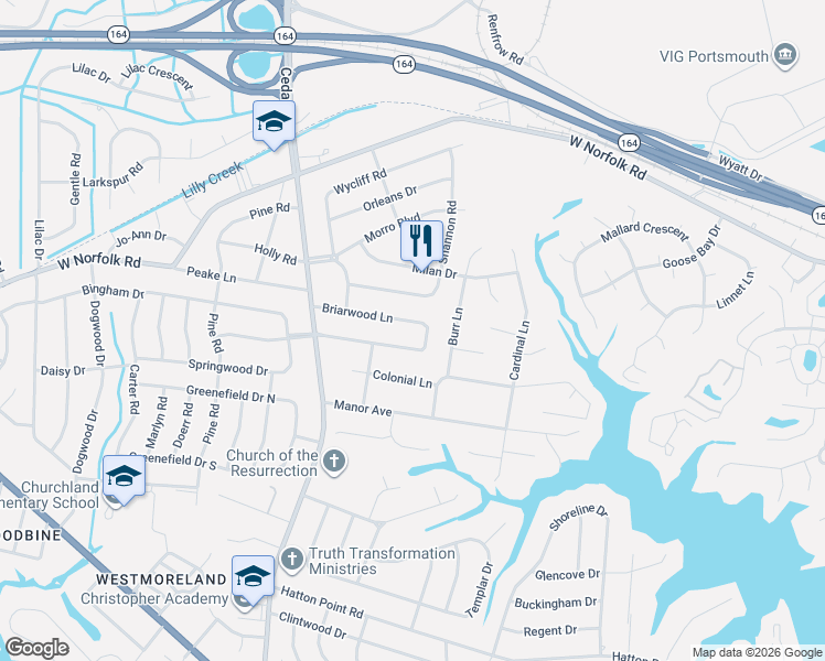 map of restaurants, bars, coffee shops, grocery stores, and more near 4935 Briarwood Lane in Portsmouth