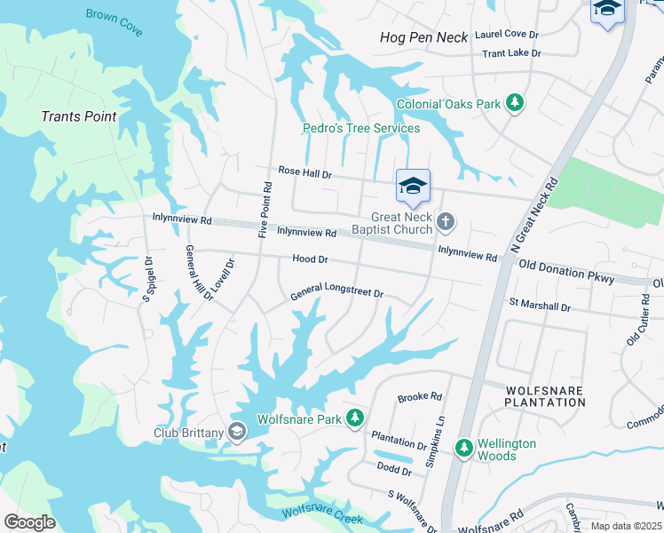 map of restaurants, bars, coffee shops, grocery stores, and more near 2409 Hood Drive in Virginia Beach