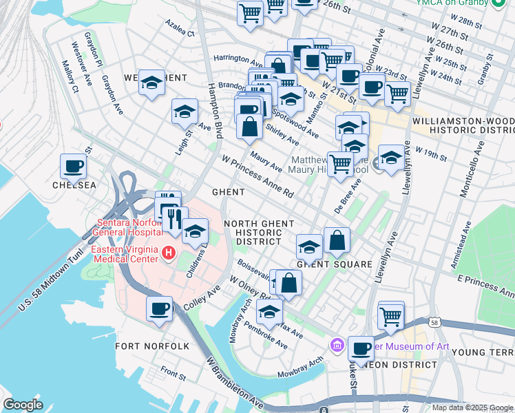 map of restaurants, bars, coffee shops, grocery stores, and more near 702 Westover Avenue in Norfolk