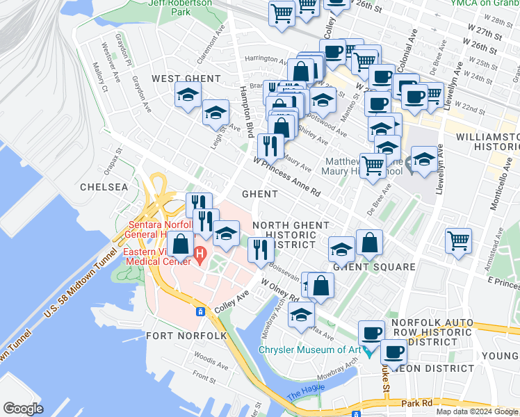 map of restaurants, bars, coffee shops, grocery stores, and more near 903 Colley Avenue in Norfolk