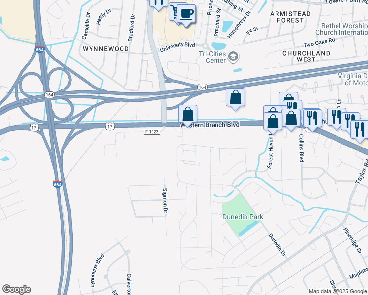 map of restaurants, bars, coffee shops, grocery stores, and more near 4723 Helensburgh Drive in Chesapeake