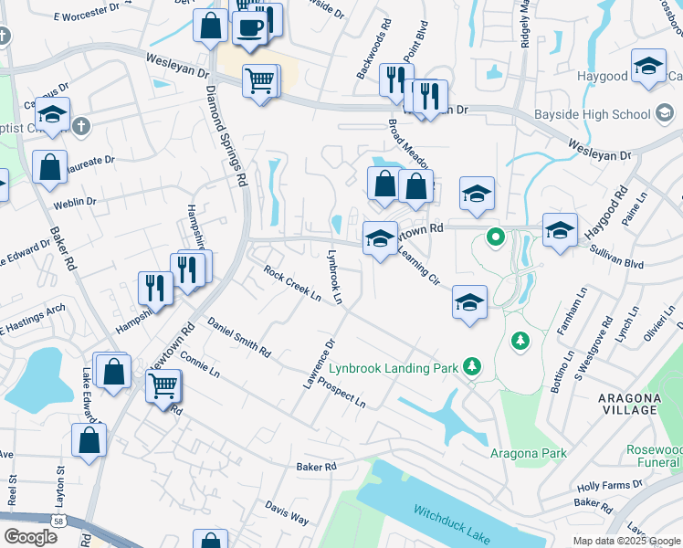 map of restaurants, bars, coffee shops, grocery stores, and more near 713 Wolftrap Lane in Virginia Beach