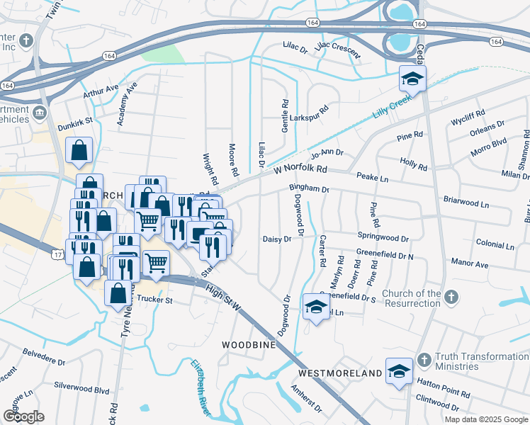 map of restaurants, bars, coffee shops, grocery stores, and more near 3311 Lilac Drive in Portsmouth