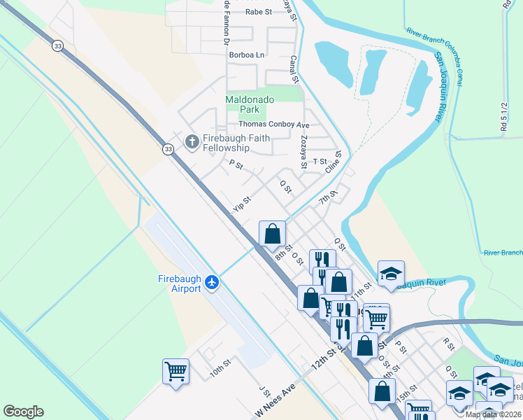 map of restaurants, bars, coffee shops, grocery stores, and more near 500 P Street in Firebaugh