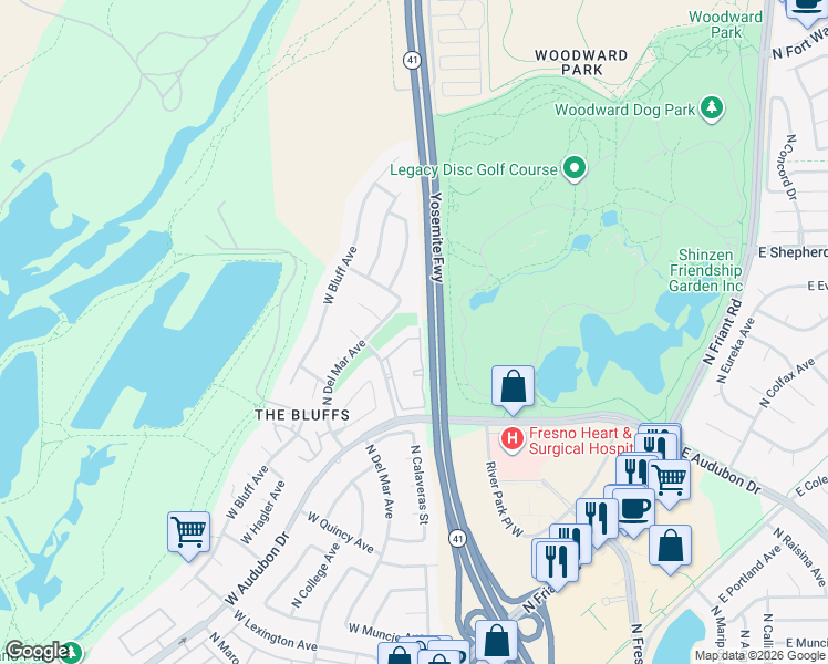 map of restaurants, bars, coffee shops, grocery stores, and more near 8680 North Glenn Avenue in Fresno