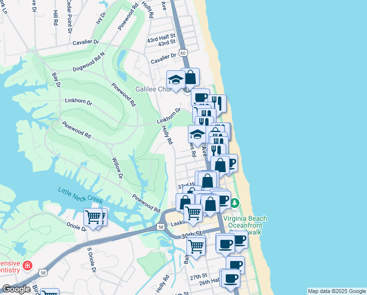 map of restaurants, bars, coffee shops, grocery stores, and more near 336 Sea Pines Court in Virginia Beach