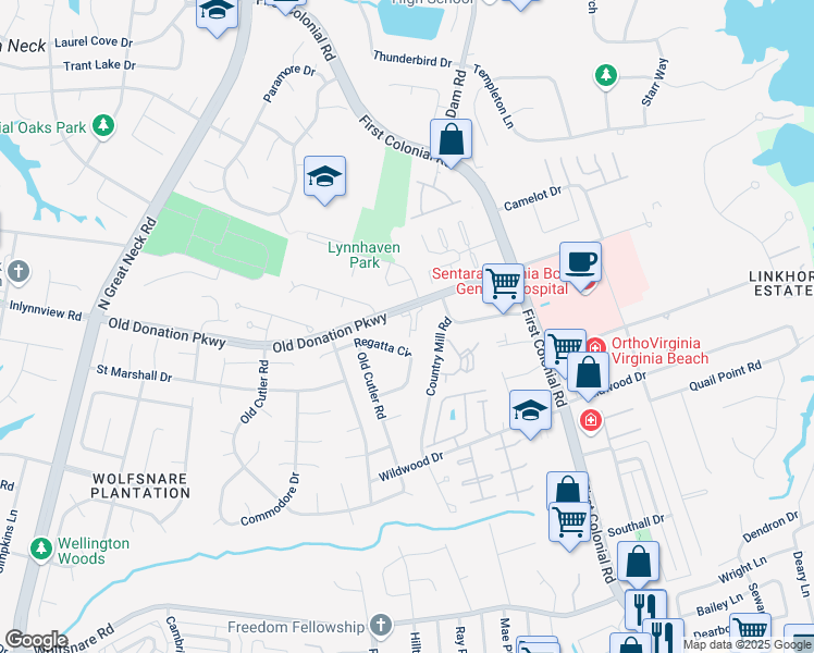 map of restaurants, bars, coffee shops, grocery stores, and more near 1851 Old Donation Parkway in Virginia Beach