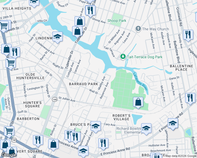 map of restaurants, bars, coffee shops, grocery stores, and more near 2412 Hanson Avenue in Norfolk
