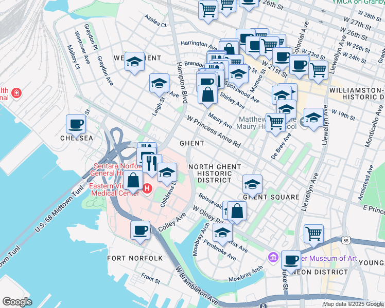 map of restaurants, bars, coffee shops, grocery stores, and more near 903 Colley Avenue in Norfolk
