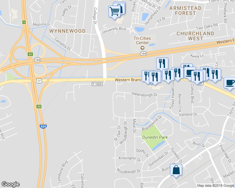 map of restaurants, bars, coffee shops, grocery stores, and more near 4723 Helensburgh Drive in Chesapeake