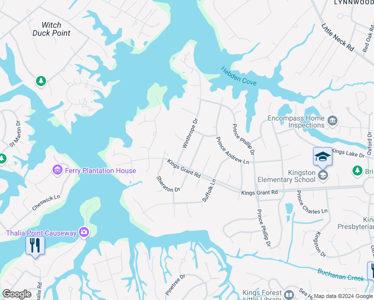 map of restaurants, bars, coffee shops, grocery stores, and more near 812 Winthrope Drive in Virginia Beach