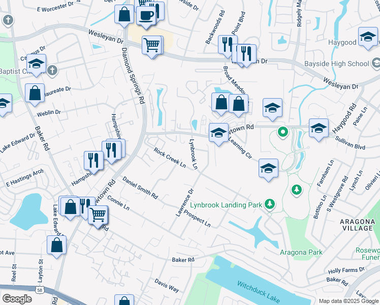 map of restaurants, bars, coffee shops, grocery stores, and more near 5533 Lynbrook Landing in Virginia Beach