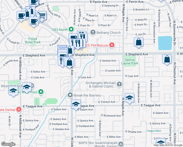 map of restaurants, bars, coffee shops, grocery stores, and more near 8798 North Chance Avenue in Fresno