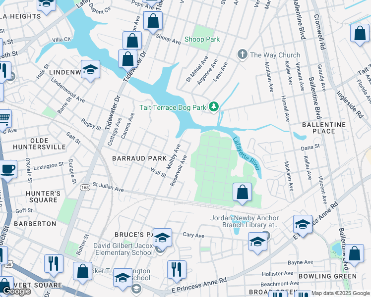 map of restaurants, bars, coffee shops, grocery stores, and more near 2505 Reservoir Avenue in Norfolk