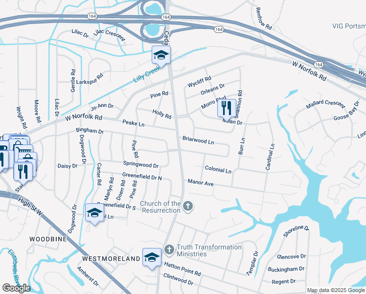 map of restaurants, bars, coffee shops, grocery stores, and more near 4900 Briarwood Lane in Portsmouth