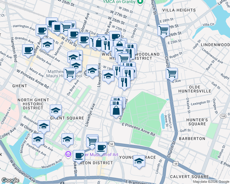 map of restaurants, bars, coffee shops, grocery stores, and more near 1600 Granby Street in Norfolk