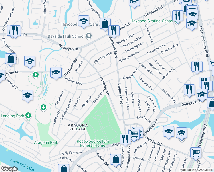 map of restaurants, bars, coffee shops, grocery stores, and more near 837 Brinson Lane in Virginia Beach