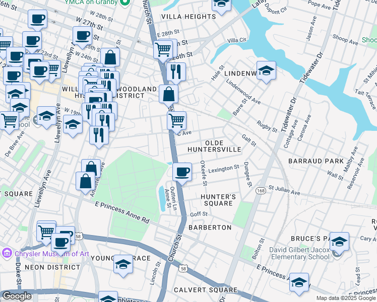 map of restaurants, bars, coffee shops, grocery stores, and more near 736 A Avenue in Norfolk