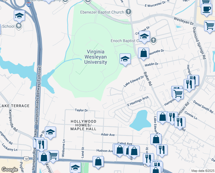 map of restaurants, bars, coffee shops, grocery stores, and more near 5972 Buckminister Lane in Virginia Beach
