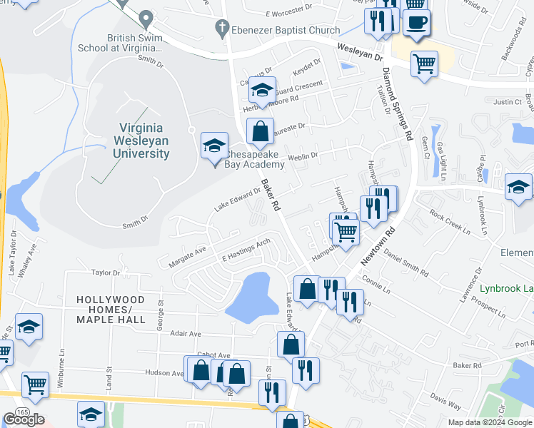 map of restaurants, bars, coffee shops, grocery stores, and more near 716 Trellis Way in Virginia Beach