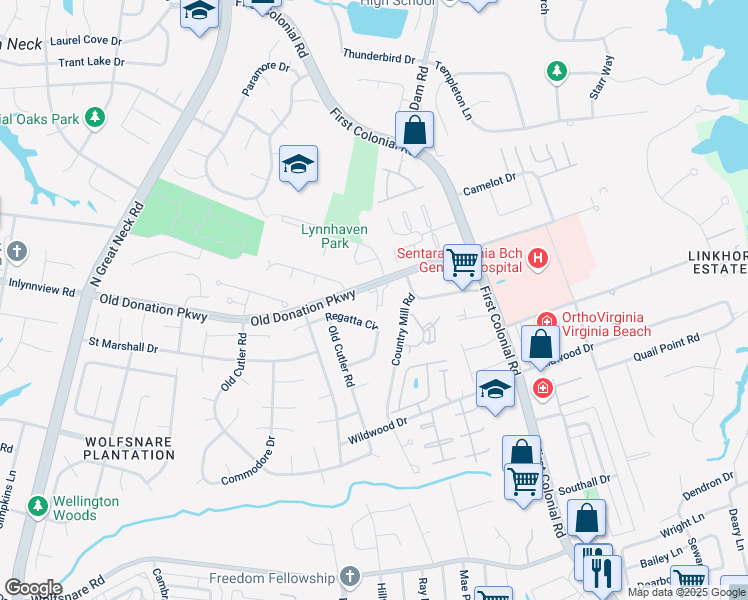 map of restaurants, bars, coffee shops, grocery stores, and more near 1851 Old Donation Parkway in Virginia Beach