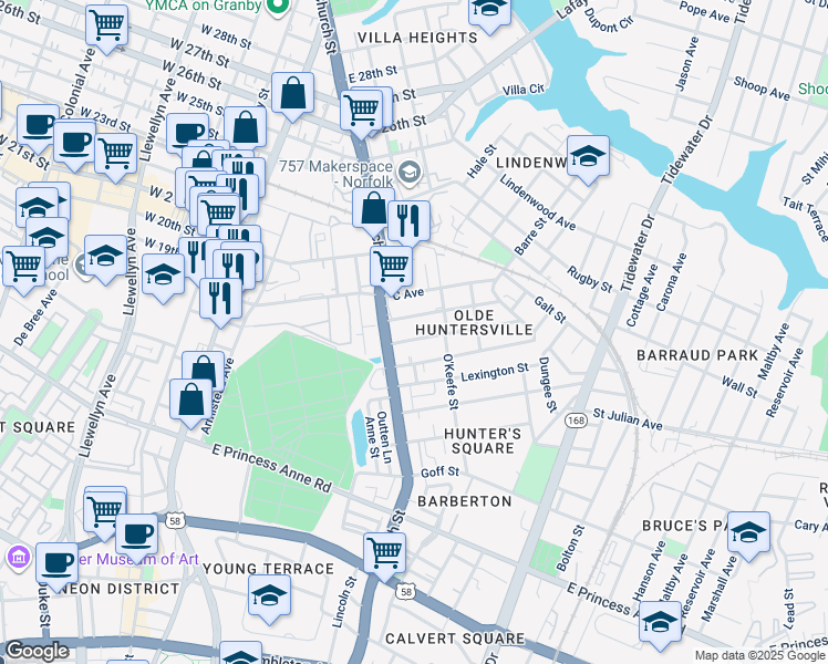 map of restaurants, bars, coffee shops, grocery stores, and more near 728 A Avenue in Norfolk