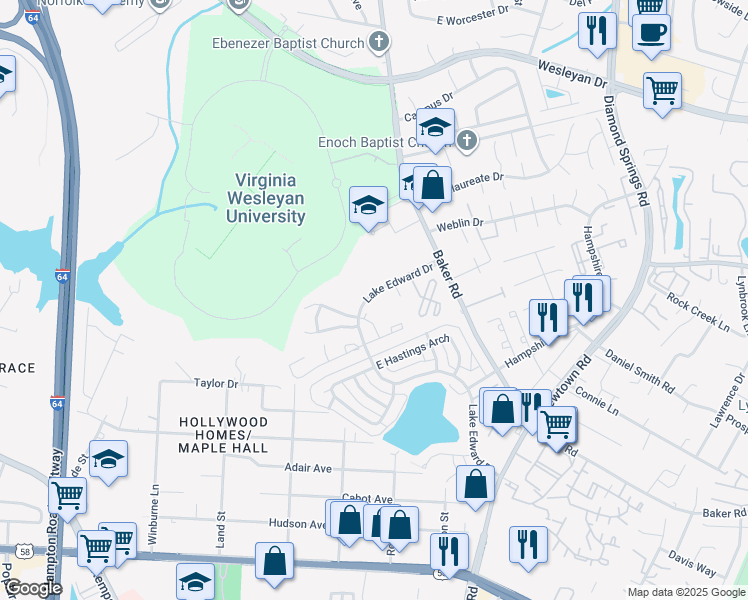 map of restaurants, bars, coffee shops, grocery stores, and more near 5804 Miss Coral Court in Virginia Beach