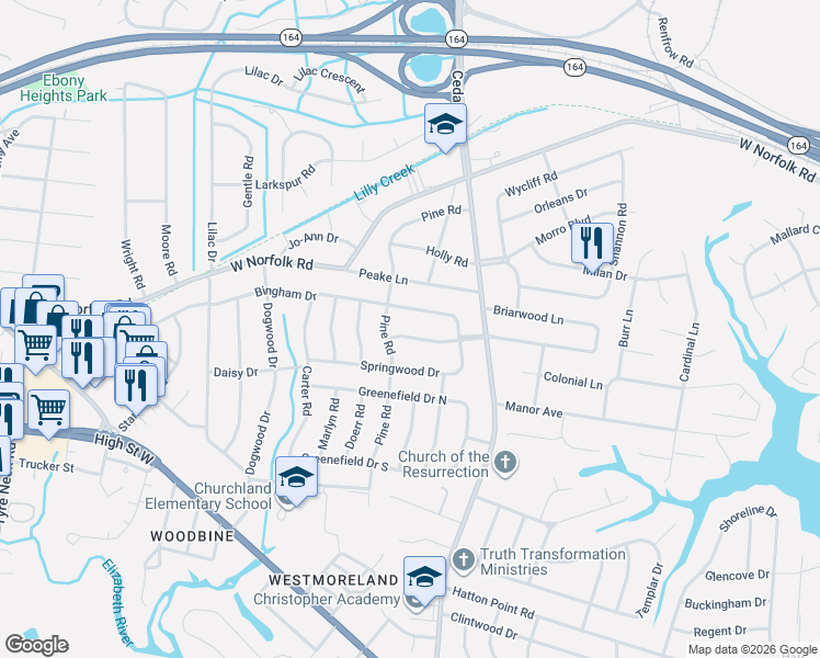 map of restaurants, bars, coffee shops, grocery stores, and more near 5532 Briarwood Lane in Portsmouth