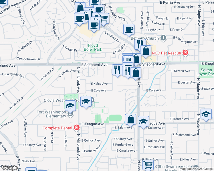 map of restaurants, bars, coffee shops, grocery stores, and more near 1227 East Kelso Avenue in Fresno