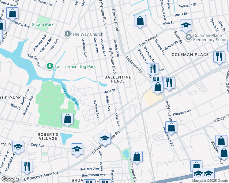 map of restaurants, bars, coffee shops, grocery stores, and more near 3021 Dana Street in Norfolk