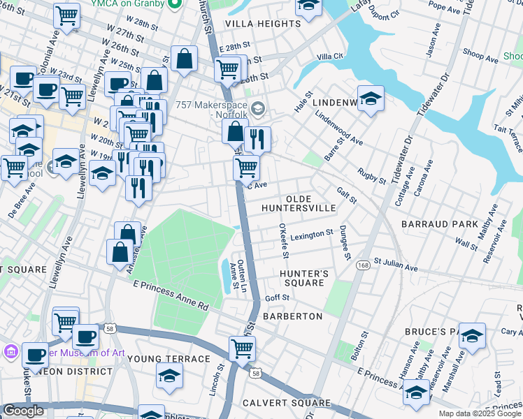 map of restaurants, bars, coffee shops, grocery stores, and more near 736 A Avenue in Norfolk