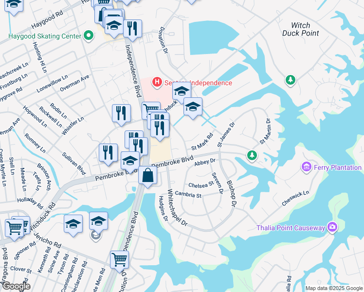 map of restaurants, bars, coffee shops, grocery stores, and more near 819 Cathedral Drive in Virginia Beach