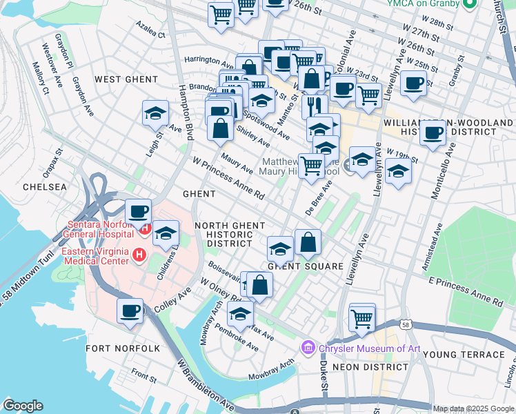 map of restaurants, bars, coffee shops, grocery stores, and more near 608 Graydon Avenue in Norfolk