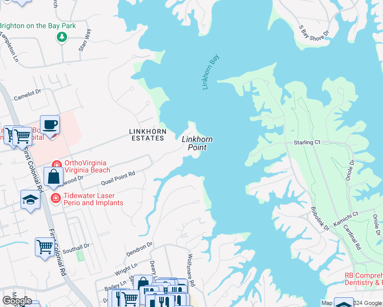 map of restaurants, bars, coffee shops, grocery stores, and more near 1521 Quail Point Road in Virginia Beach