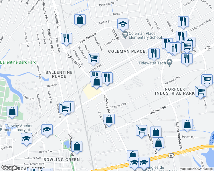 map of restaurants, bars, coffee shops, grocery stores, and more near 1511 Arkansas Avenue in Norfolk