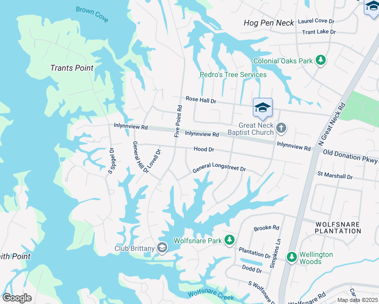map of restaurants, bars, coffee shops, grocery stores, and more near 2429 Hood Drive in Virginia Beach