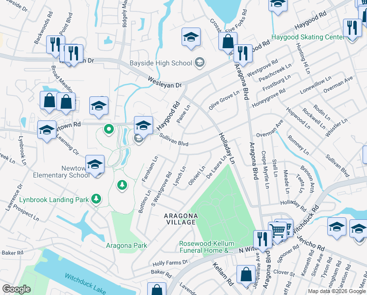 map of restaurants, bars, coffee shops, grocery stores, and more near 5053 Sullivan Boulevard in Virginia Beach