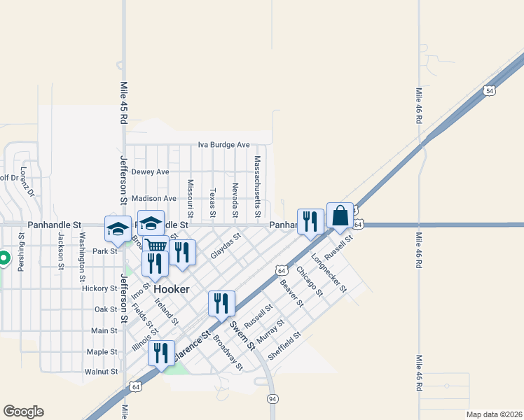 map of restaurants, bars, coffee shops, grocery stores, and more near 9 Massachusetts Street in Hooker