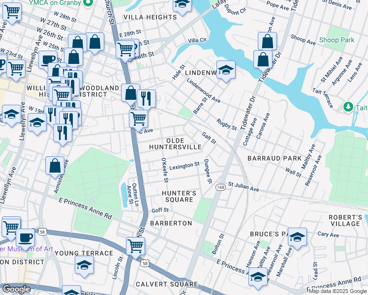 map of restaurants, bars, coffee shops, grocery stores, and more near 861 A Avenue in Norfolk